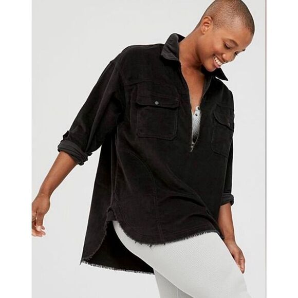 NWOT Aerie Offline Corduroy Quarter Zip Shacket size XL Black - Picture 1 of 11